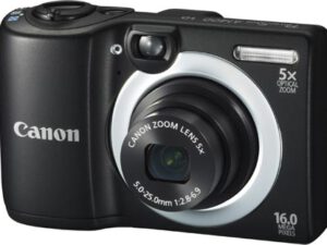 Schwarze Canon Powershot A1400 Digitalkamera mit 5-fachem optischem Zoom und 16 Megapixeln.