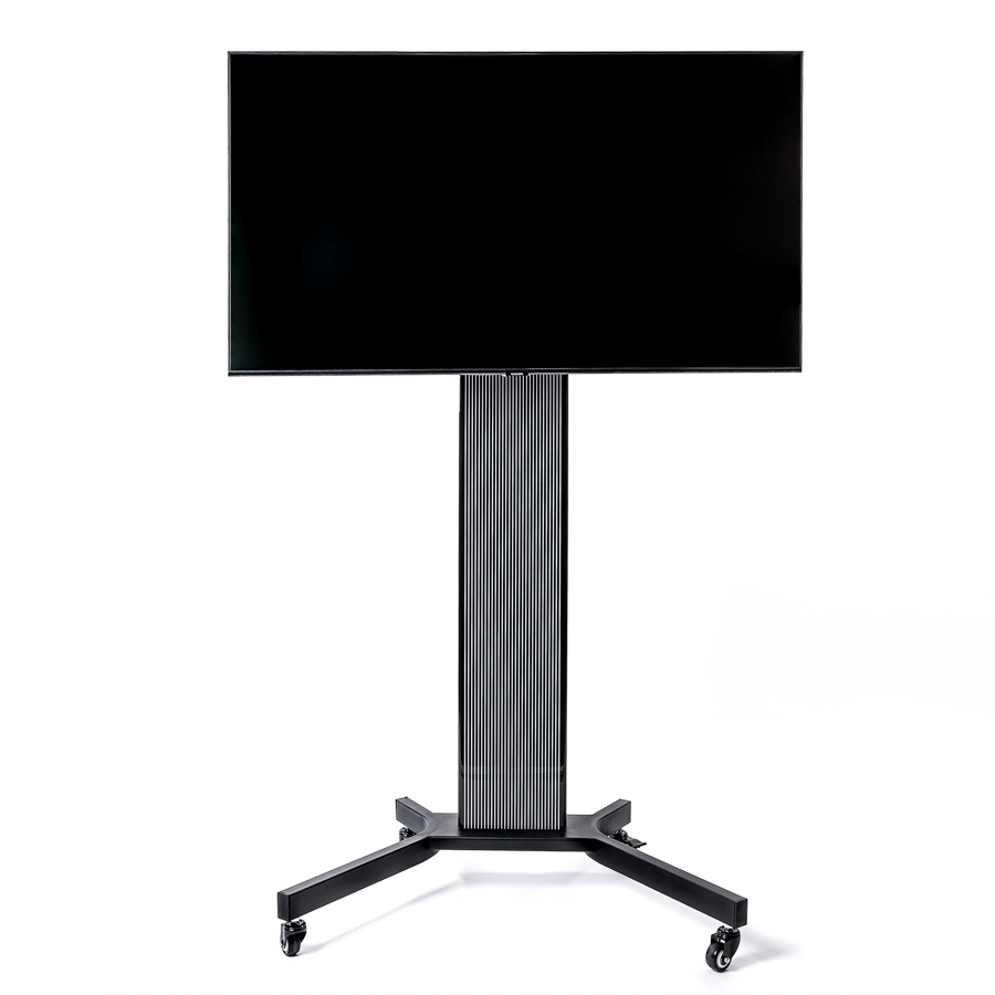 Großer schwarzer Flachbildfernseher auf einem schwarzen, vierbeinigen Rollständer mit vertikal gerilltem Mittelteil.