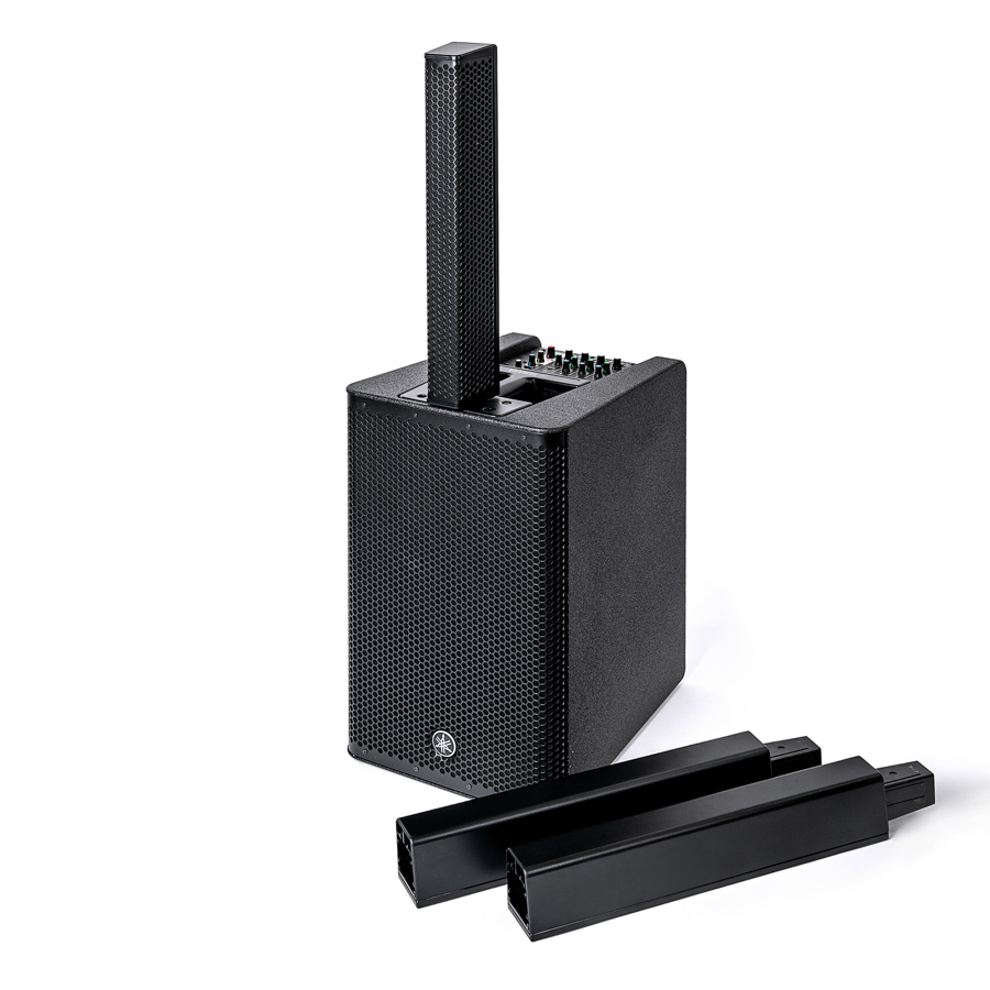 Schwarzer Yamaha Stagepas-1K Lautsprecher mit aufgesetztem Säulenlautsprecher und zwei zusätzlichen Säulenlautsprecherteilen davor.