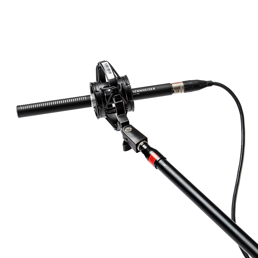 Schwarzes Sennheiser Richtrohrmikrofon mit Mikrofonspinne und Kabel an schwarzem Mikrofonstativ befestigt.