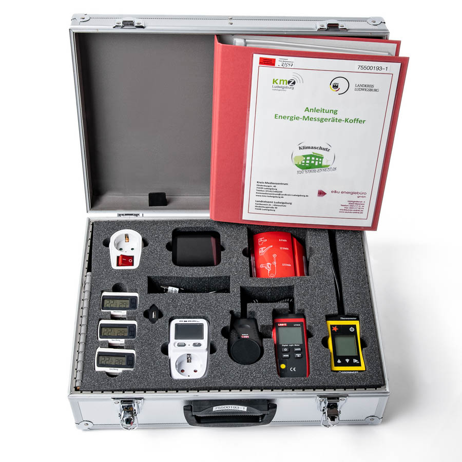 Offener Koffer mit Schaumstoffeinlage, darin mehrere Energie-Messgeräte, Steckdosenadapter und eine rote Anleitung mit dem Titel 'Anleitung Energie-Messgeräte-Koffer'.