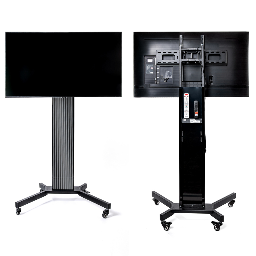 Zwei schwarze Flachbildfernseher auf mobilen Ständern mit Rollen, einer von vorne, einer von hinten sichtbar.