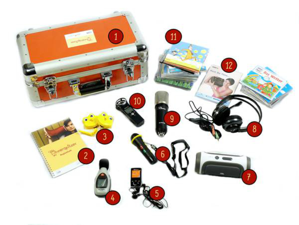 Orangener Ohrenspitzerkoffer mit silbernen Kanten und Griff, umgeben von nummerierten Gegenständen wie Mikrofonen, Kopfhörern, CDs, Notizbuch und elektronischen Geräten.