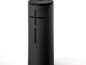 Schwarzer zylindrischer Megaboom Bluetooth-Lautsprecher mit großen Plus- und Minus-Lautstärketasten auf der Vorderseite