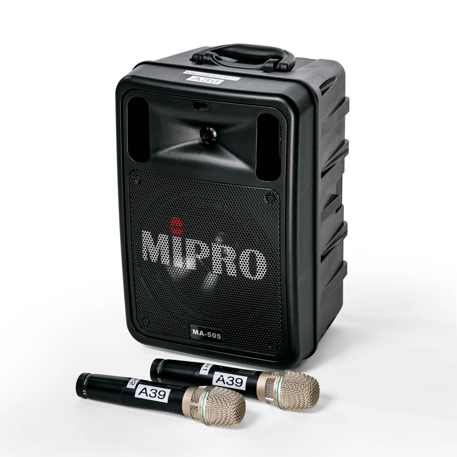 Tragbarer Mipro-Verstärker MA-505 mit zwei kabellosen Mikrofonen