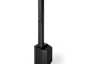 Schwarzes Studiomaster Lautsprechersystem mit einem hohen, schlanken Säulenlautsprecher auf einem würfelförmigen Subwoofer