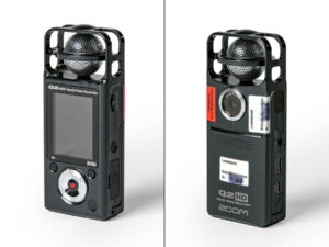 Zwei Ansichten eines kompakten digitalen Camcorders Zoom Q2HD mit integriertem Mikrofon und Display